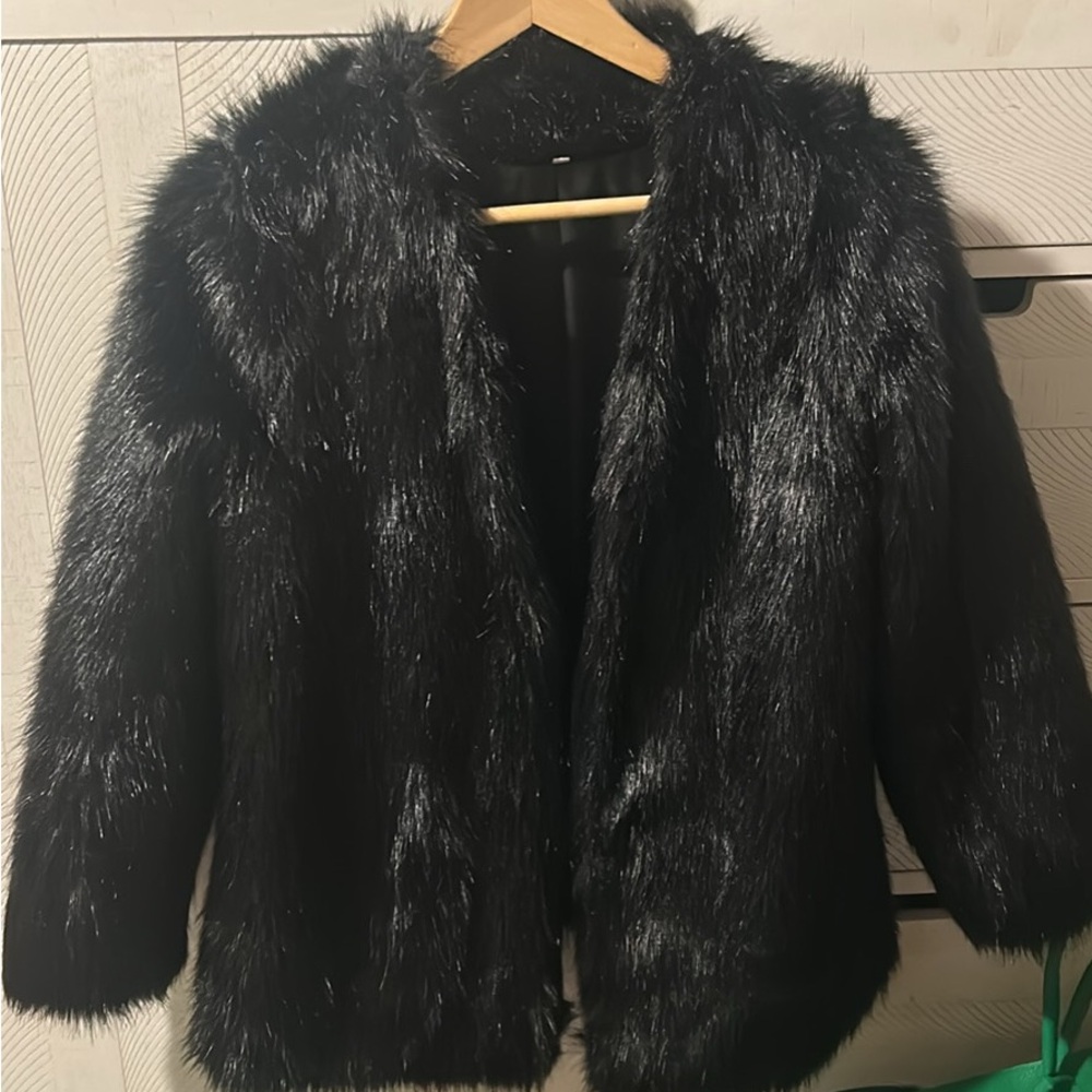 Black Teddy Jacket with Fuzzy Texture and Open Front